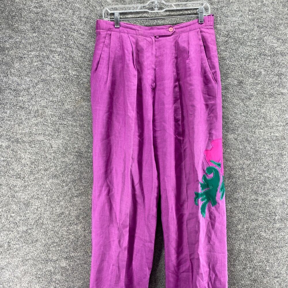 Jerri Sherman Pants Women 8 Purple High Rise Pleated Straight Linen Cuffed - Picture 3 of 10